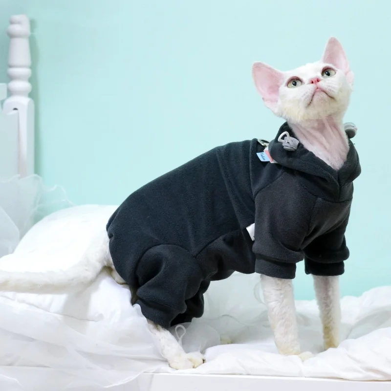Fleece 4-legged Soft Sweater for Sphynx Cat Winter thick Warm Hooded Red Green Sweatshirt for Kittens Devon Rex coat in Autumn