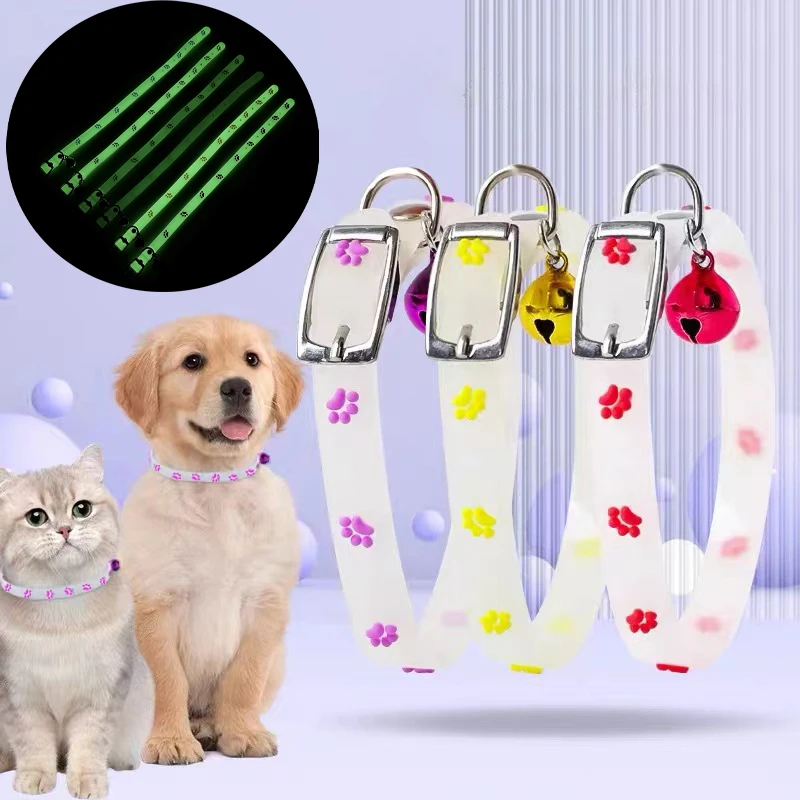Cat Collar Glow in the Dark Footprint Cute Charms Adjustable Luminous Pet Collar for Kitten Chihuahua Night Walking Camping