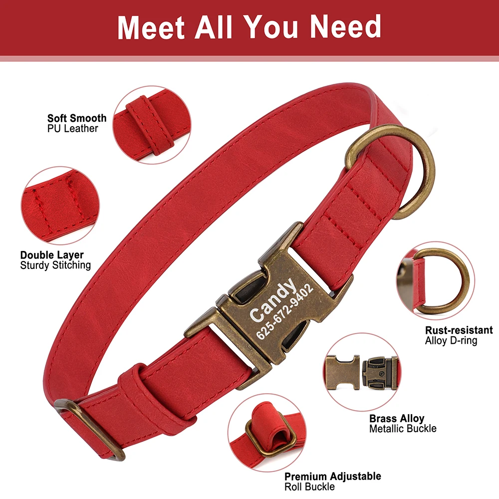 Personalized Anti-lost Dog Collar Custom Dog ID Tag Collars Soft PU Leather Pet Collars Free Engraved Metal Buckle For Bulldog