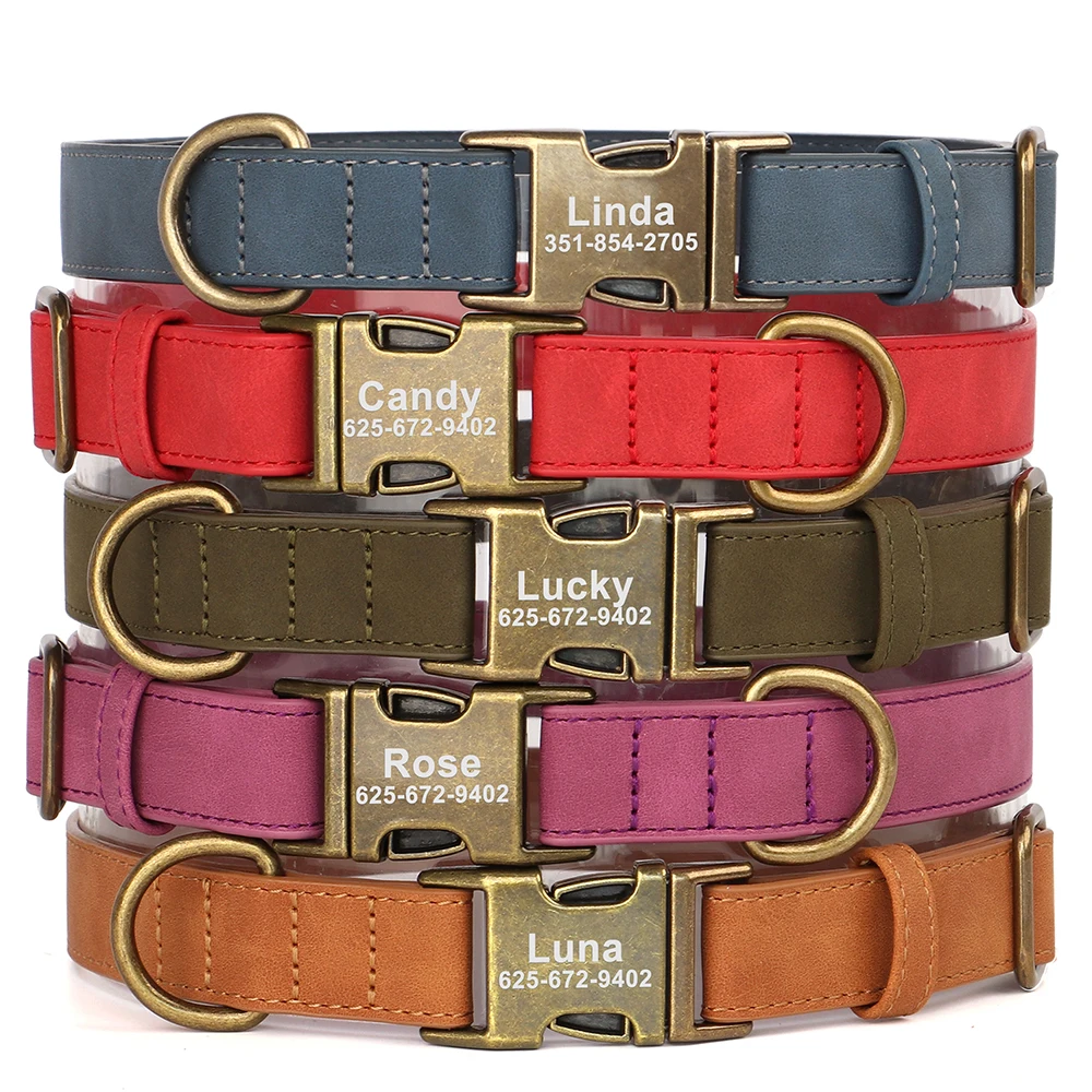 Personalized Anti-lost Dog Collar Custom Dog ID Tag Collars Soft PU Leather Pet Collars Free Engraved Metal Buckle For Bulldog