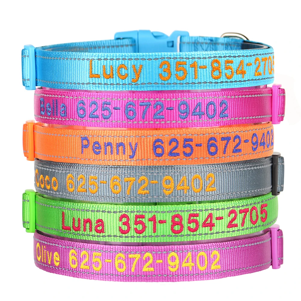 Custom Nylon Embroidered Dog Collar Personalized Pet ID Name Collars Refletive Necklace for Small Medium Large Dogs Accessories