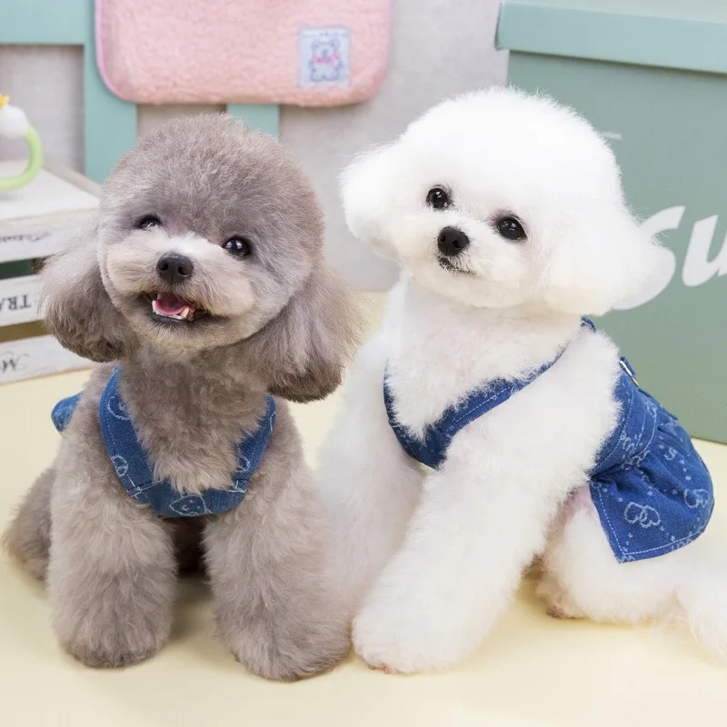 Small Dogs Clothes Designer Luxury Puppy Summer Clothes Girls Cat Dresses,Love Jeans Harness Vest Denim Dress One Piece S-XXL