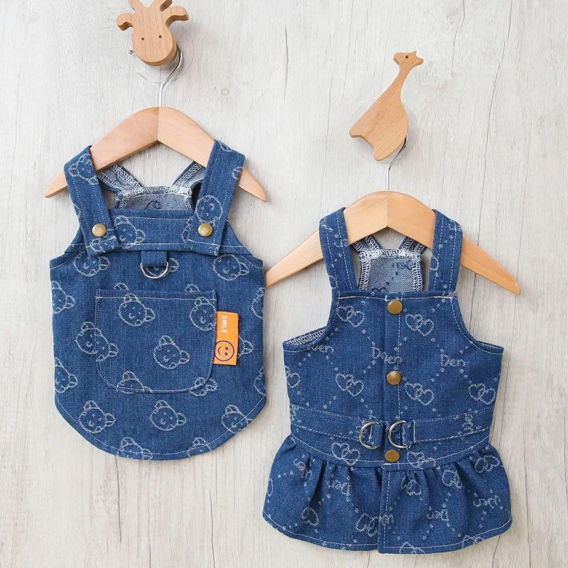 Small Dogs Clothes Designer Luxury Puppy Summer Clothes Girls Cat Dresses,Love Jeans Harness Vest Denim Dress One Piece S-XXL