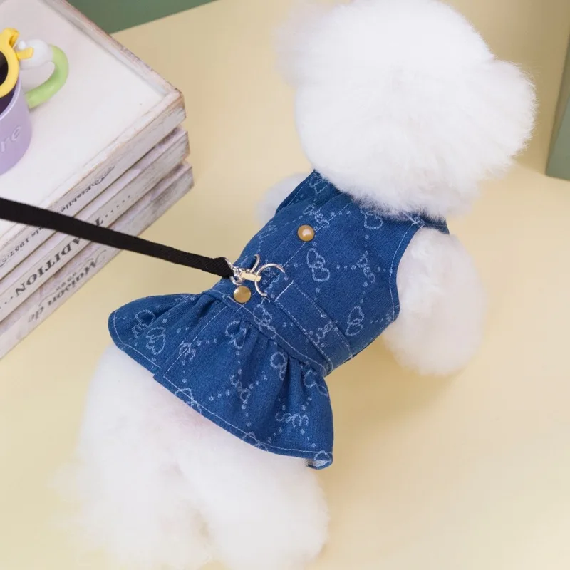 Small Dogs Clothes Designer Luxury Puppy Summer Clothes Girls Cat Dresses,Love Jeans Harness Vest Denim Dress One Piece S-XXL