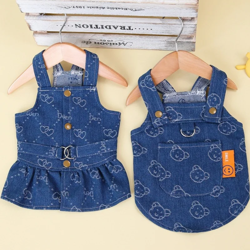Small Dogs Clothes Designer Luxury Puppy Summer Clothes Girls Cat Dresses,Love Jeans Harness Vest Denim Dress One Piece S-XXL