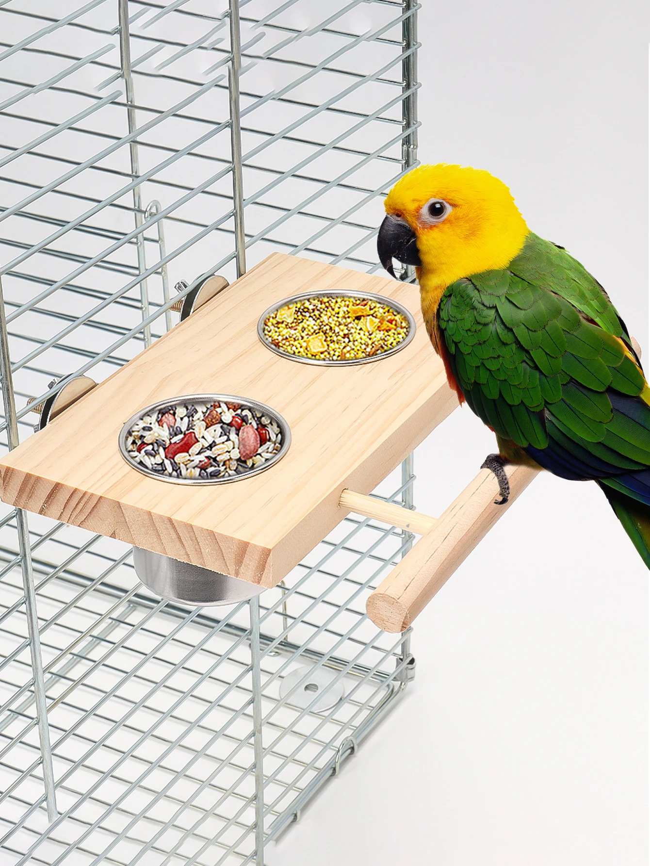 1 Pc Stainless Steel Bird Bowl Feeding Dish Cups Wooden Perch Stand Parrot Cage Feeder for Pet Birds Cockatiels Lovebird Conures