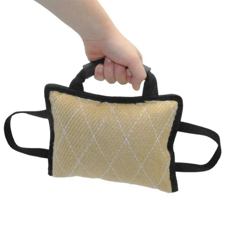 Handles Tough Jute Dog Bite Pillow Linen Tug Toy Aggressive Biting Pad Interactive Pull Chew Bag For Medium Large Pets