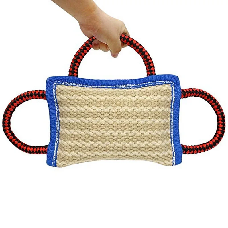 Handles Tough Jute Dog Bite Pillow Linen Tug Toy Aggressive Biting Pad Interactive Pull Chew Bag For Medium Large Pets