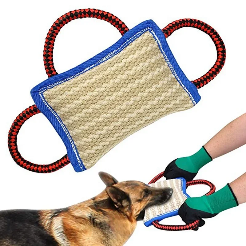 Handles Tough Jute Dog Bite Pillow Linen Tug Toy Aggressive Biting Pad Interactive Pull Chew Bag For Medium Large Pets