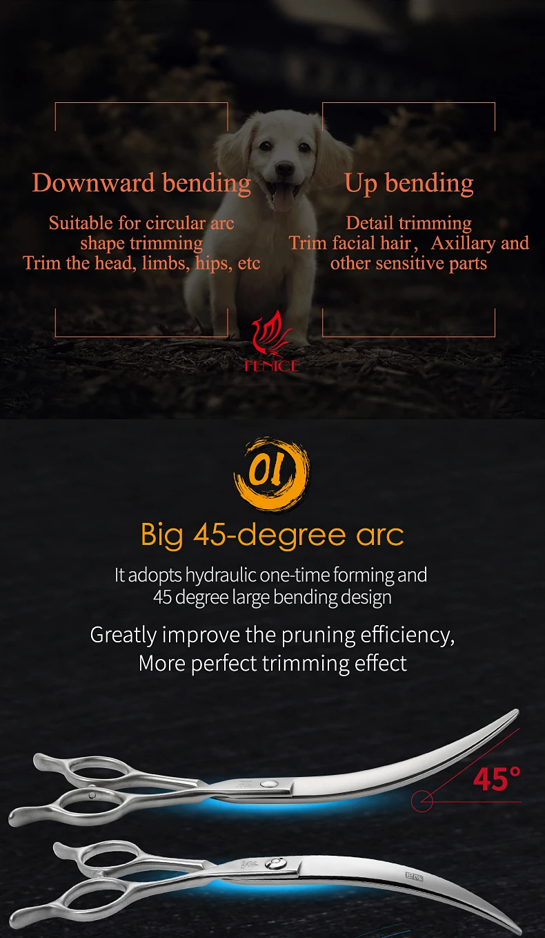 Fenice Big Super Curved Scissors 45° 6/6.5/7/7.5inch Pet Dog Grooming Scissors Pets Hair Curved Shears ножницы Tijeras Tesoura