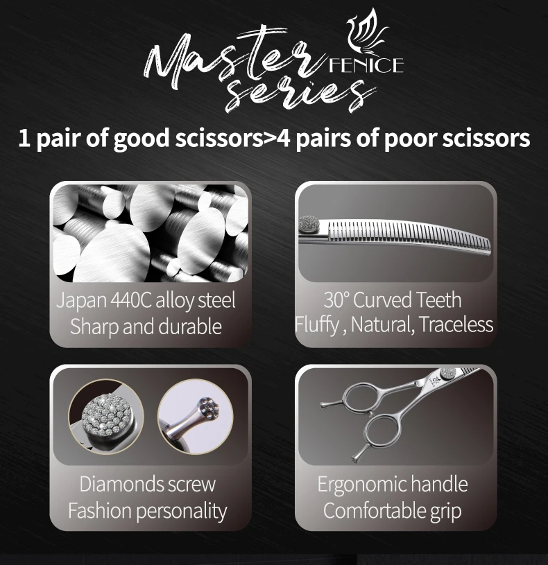 Fenice 6.5/7.0/7.5 inch Pet Hairdressing Shears JP440C Diamonds Curved Tooth Scissors for Dog beauty Thinning Rate 50%-55%
