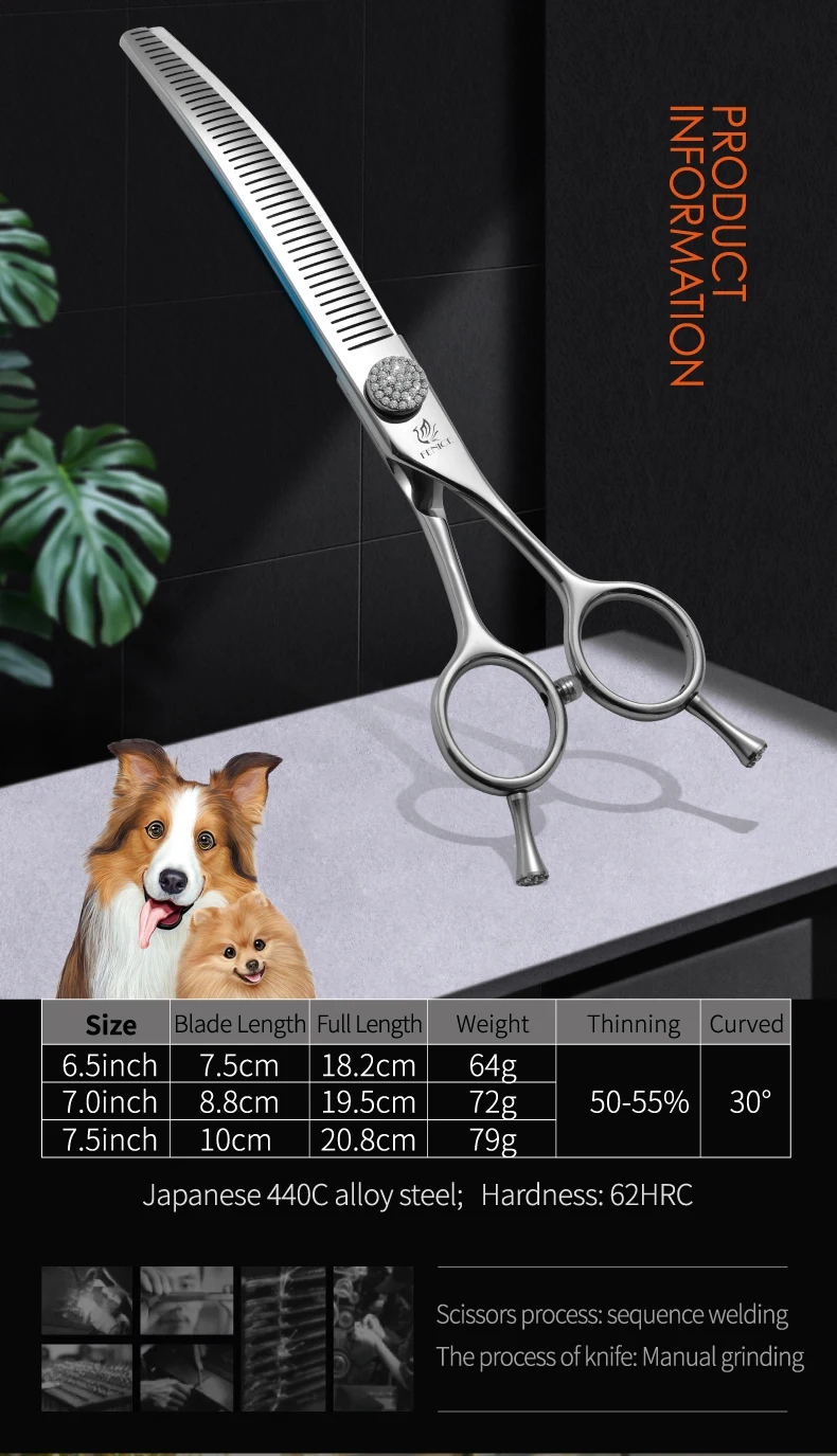 Fenice 6.5/7.0/7.5 inch Pet Hairdressing Shears JP440C Diamonds Curved Tooth Scissors for Dog beauty Thinning Rate 50%-55%