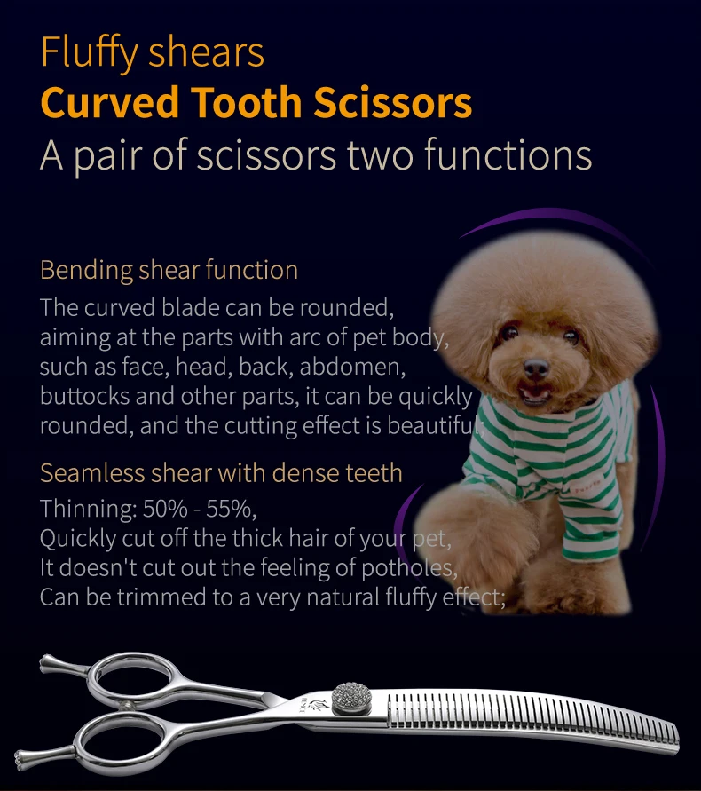 Fenice 6.5/7.0/7.5 inch Pet Hairdressing Shears JP440C Diamonds Curved Tooth Scissors for Dog beauty Thinning Rate 50%-55%
