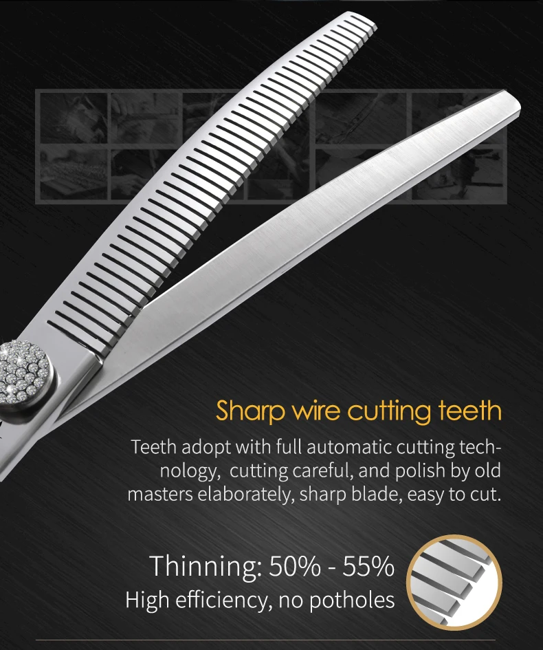 Fenice 6.5/7.0/7.5 inch Pet Hairdressing Shears JP440C Diamonds Curved Tooth Scissors for Dog beauty Thinning Rate 50%-55%