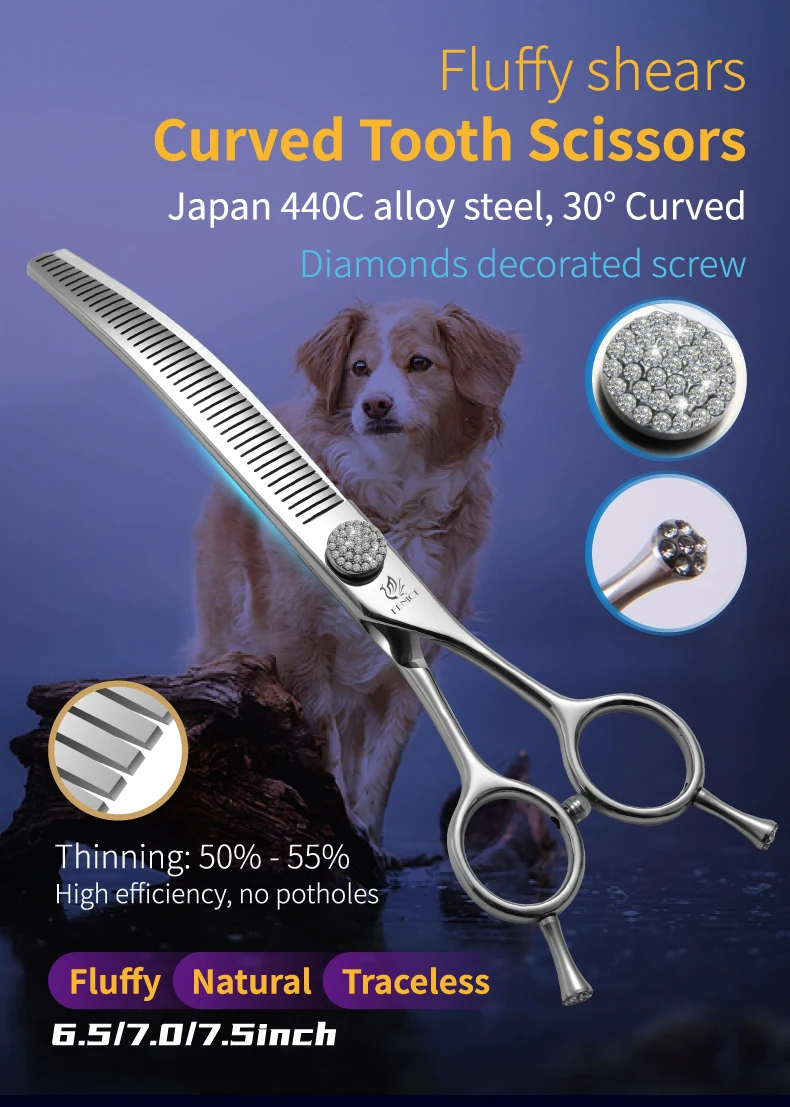 Fenice 6.5/7.0/7.5 inch Pet Hairdressing Shears JP440C Diamonds Curved Tooth Scissors for Dog beauty Thinning Rate 50%-55%