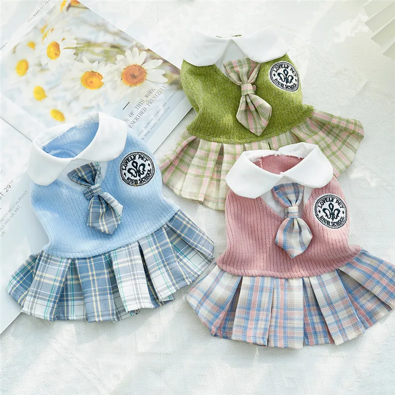 College Style Dog Dress for Small Dogs, Plaid Skirt, Pink,Blue,Green, Spring Dog Clothes, Cat, Chihuahua, XL