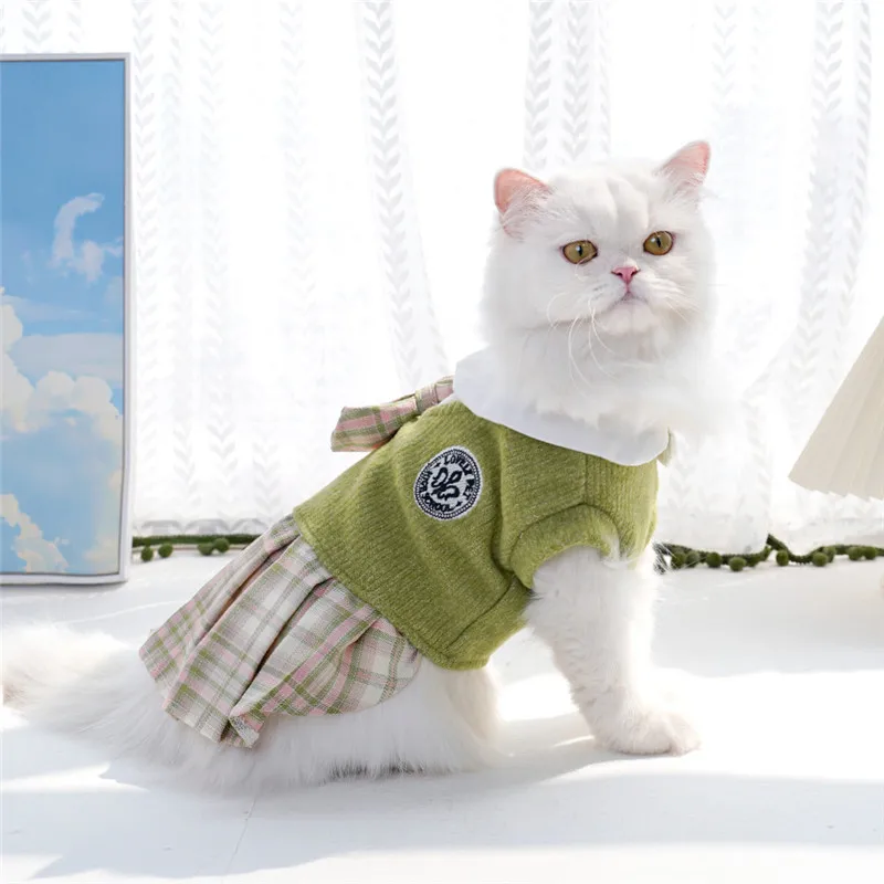 College Style Dog Dress for Small Dogs, Plaid Skirt, Pink,Blue,Green, Spring Dog Clothes, Cat, Chihuahua, XL