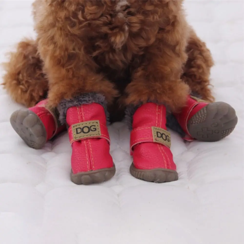 Warm Pet Snow Boots Fashion Waterproof Non Slip Winter Pet Dog Shoes Plush/PU Soft for 4Pcs/Set Winter
