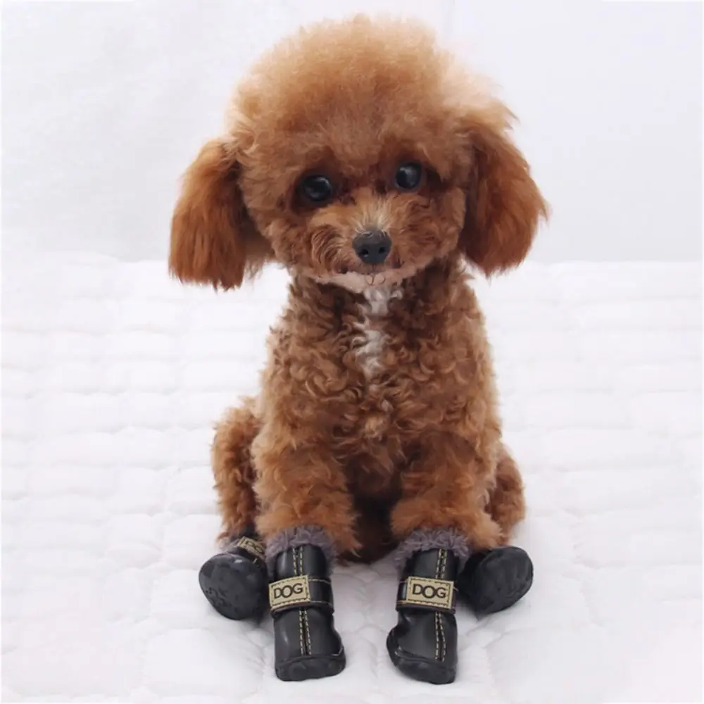 Warm Pet Snow Boots Fashion Waterproof Non Slip Winter Pet Dog Shoes Plush/PU Soft for 4Pcs/Set Winter
