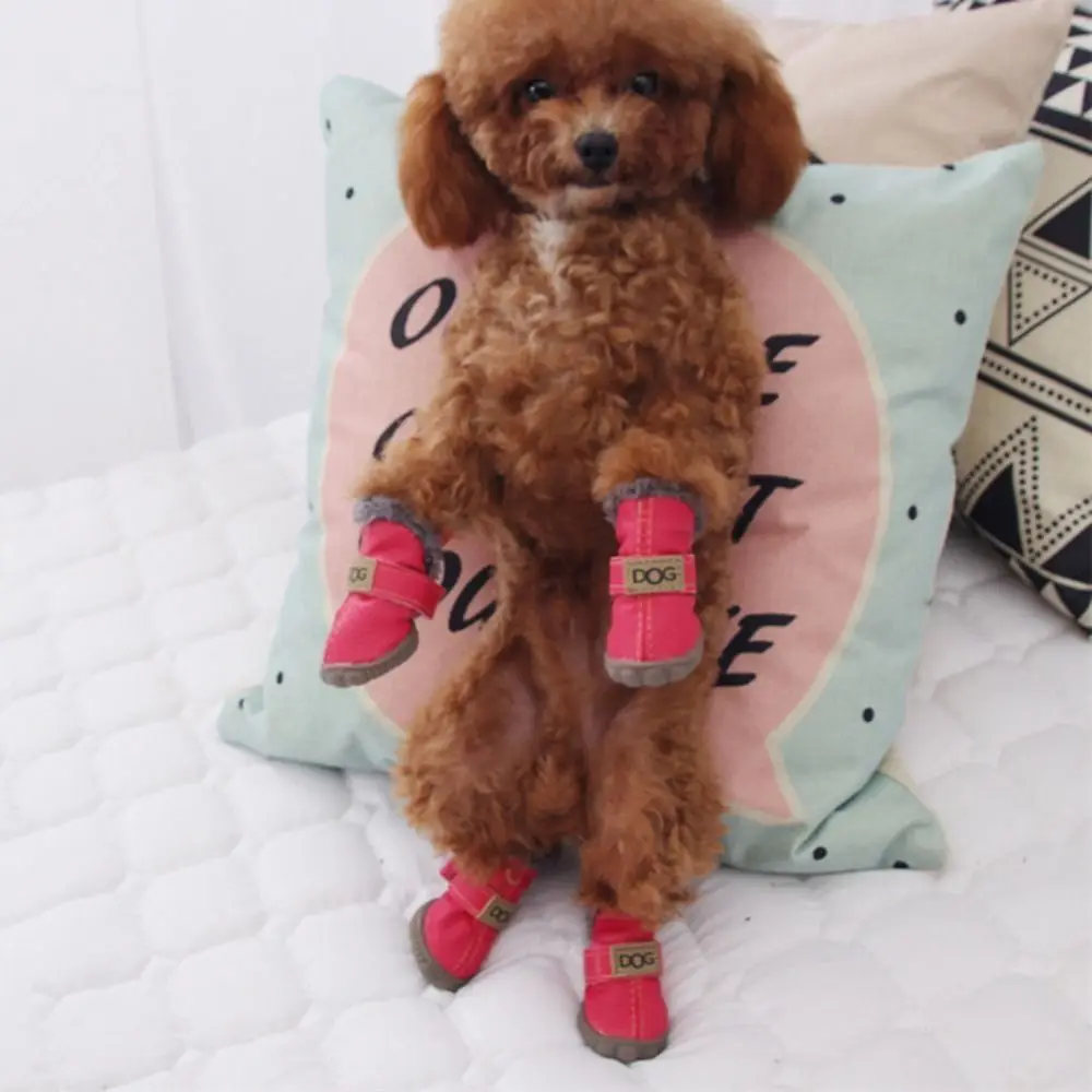 Warm Pet Snow Boots Fashion Waterproof Non Slip Winter Pet Dog Shoes Plush/PU Soft for 4Pcs/Set Winter