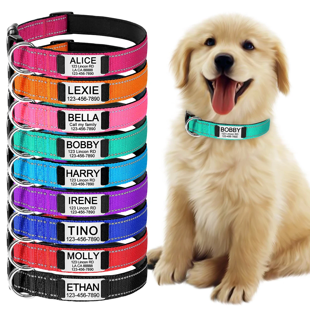 Personalized Reflective Custom Engraved Dog Collars Name ID Tag Luminous Puppy Gleamy Large Unisex Dog Collar