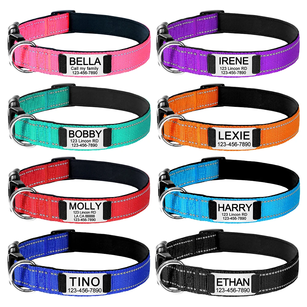 Personalized Reflective Custom Engraved Dog Collars Name ID Tag Luminous Puppy Gleamy Large Unisex Dog Collar