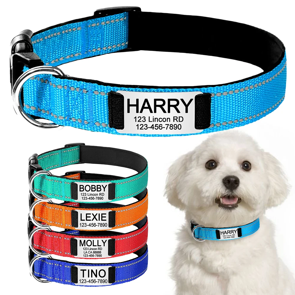 Personalized Reflective Custom Engraved Dog Collars Name ID Tag Luminous Puppy Gleamy Large Unisex Dog Collar