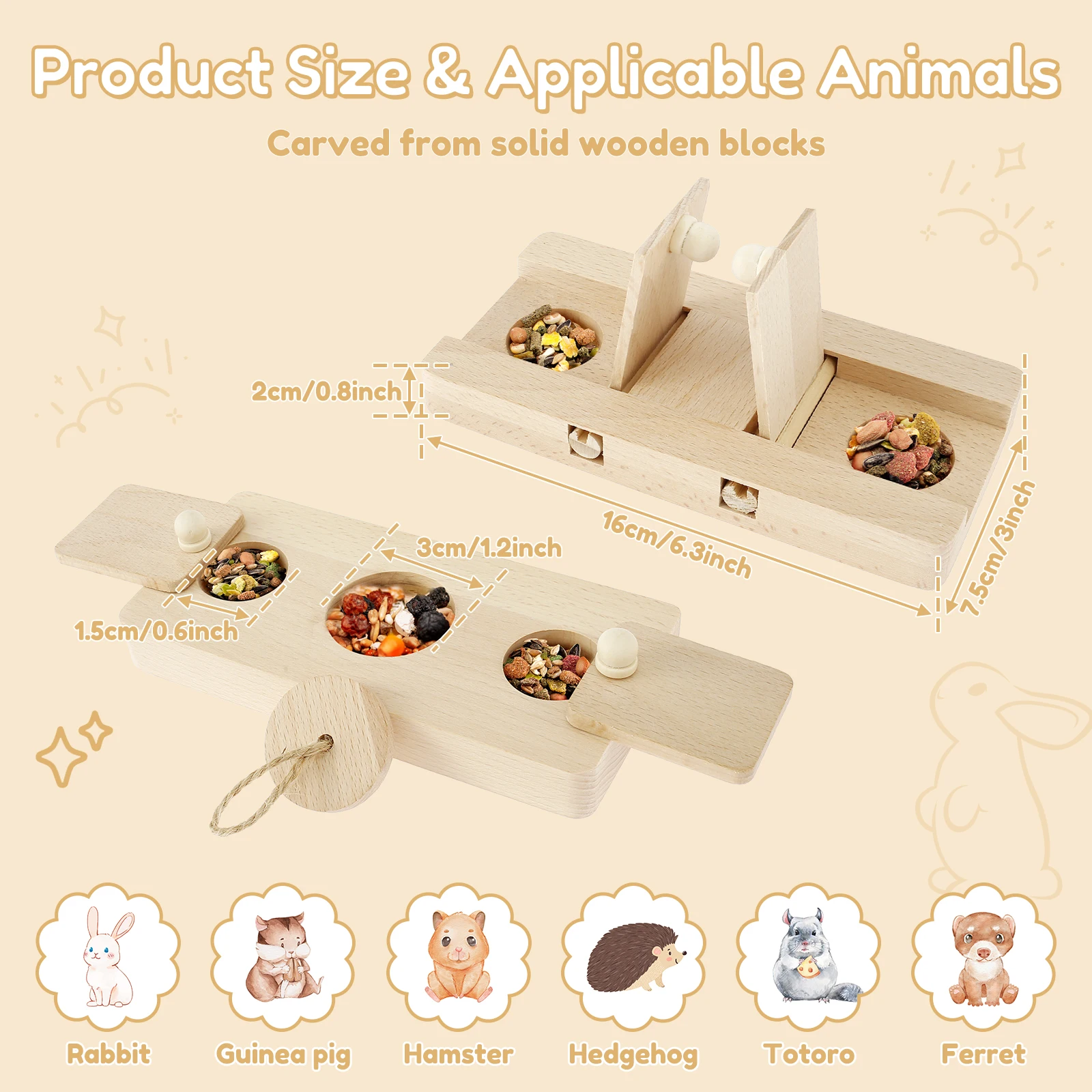 6 In 1 Wooden Hamster Foraging Toys Small Pet Feeder Interactive Puzzle Treat Dispenser Guinea Pig Toys