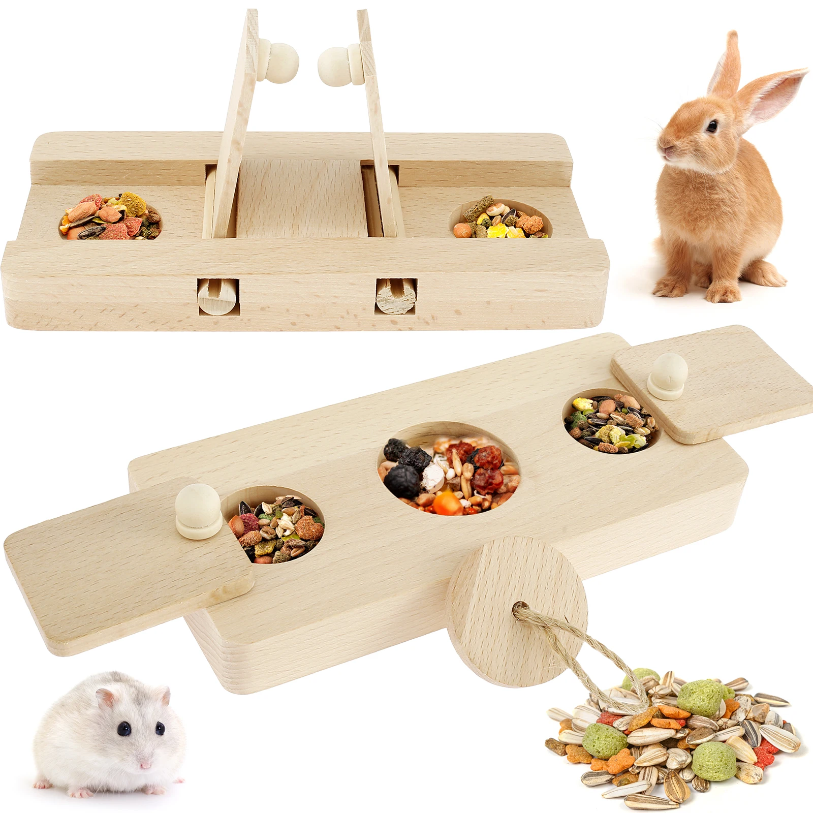 6 In 1 Wooden Hamster Foraging Toys Small Pet Feeder Interactive Puzzle Treat Dispenser Guinea Pig Toys