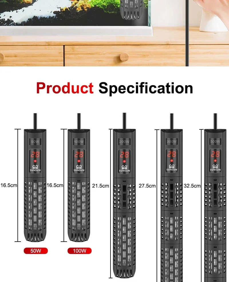 SUNSUN Aquarium Submersible Heater Fish Tank LCD Display Digital Adjustable Water Heating Rod