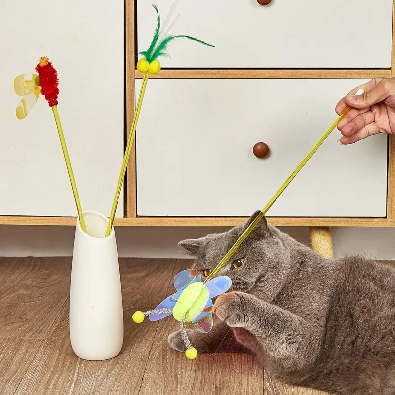 Cat Toy Feather Cats Sticks Feather Sequin Cat Toys Interactive Durable Kitten Teaser Stick Funny Butterfly Toys for Cats Tease