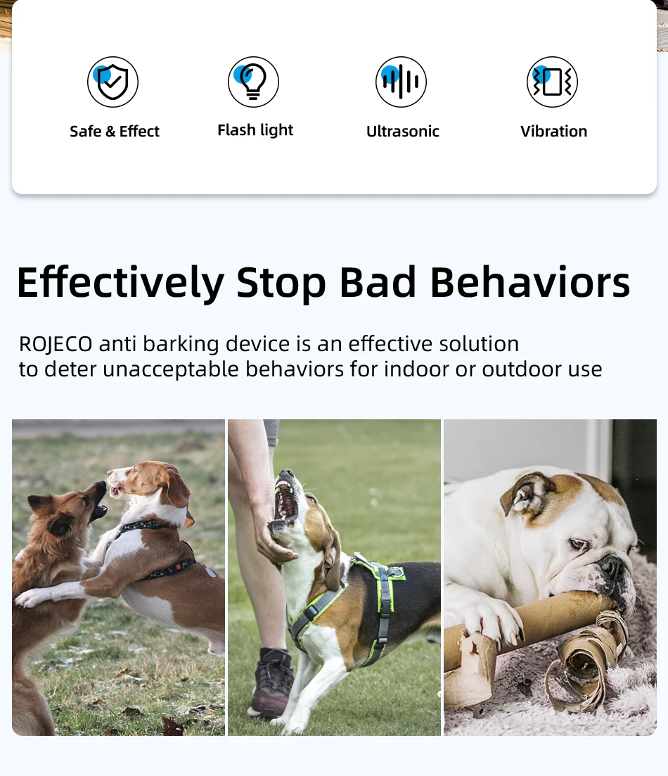 ROJECO Dog Repeller Ultrasonic Dog Alarm Anti Barking Deterrent Device Rechargeable High Power Dogs Repeller With LED Flashlight