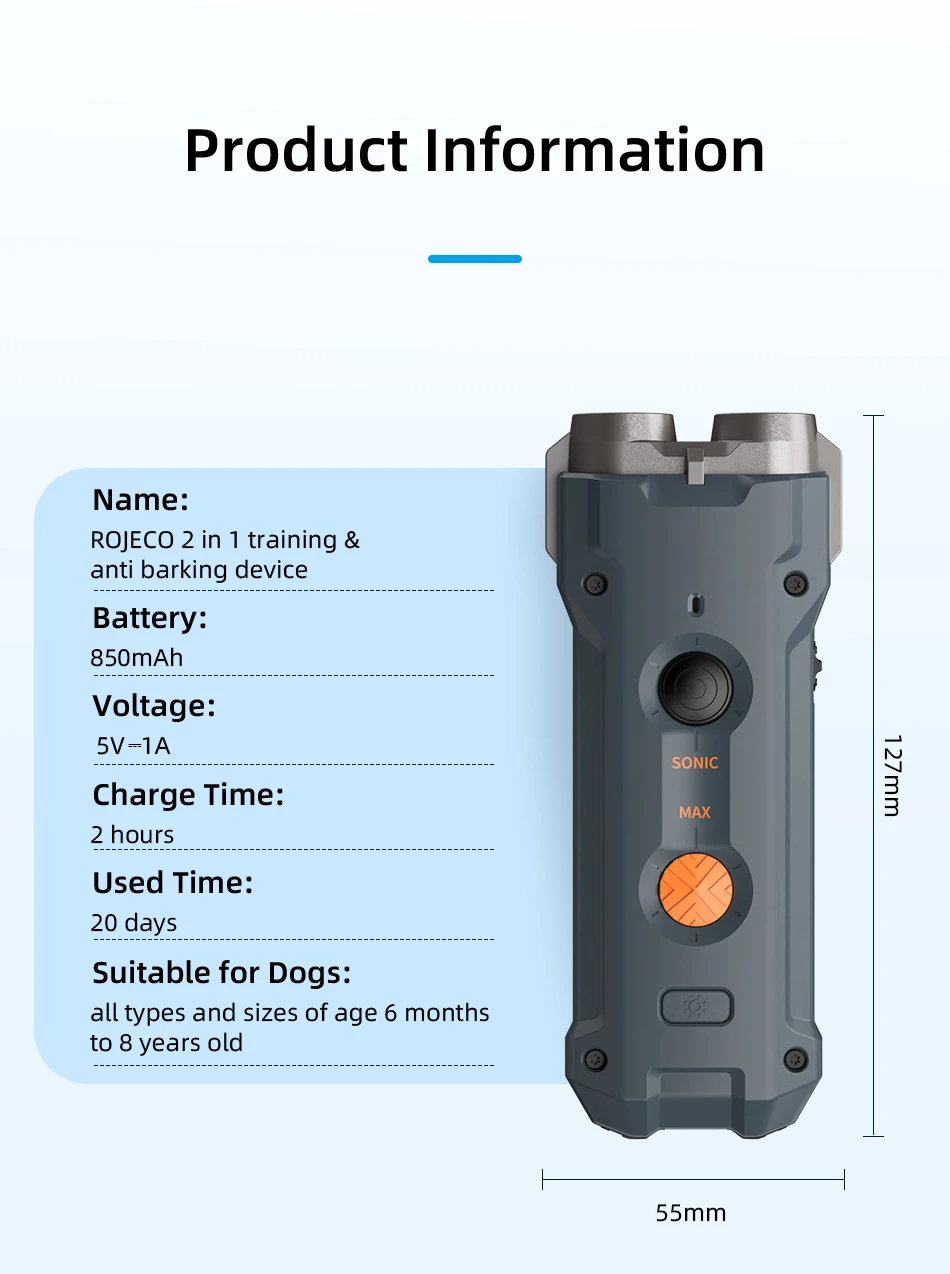 ROJECO Dog Repeller Ultrasonic Dog Alarm Anti Barking Deterrent Device Rechargeable High Power Dogs Repeller With LED Flashlight