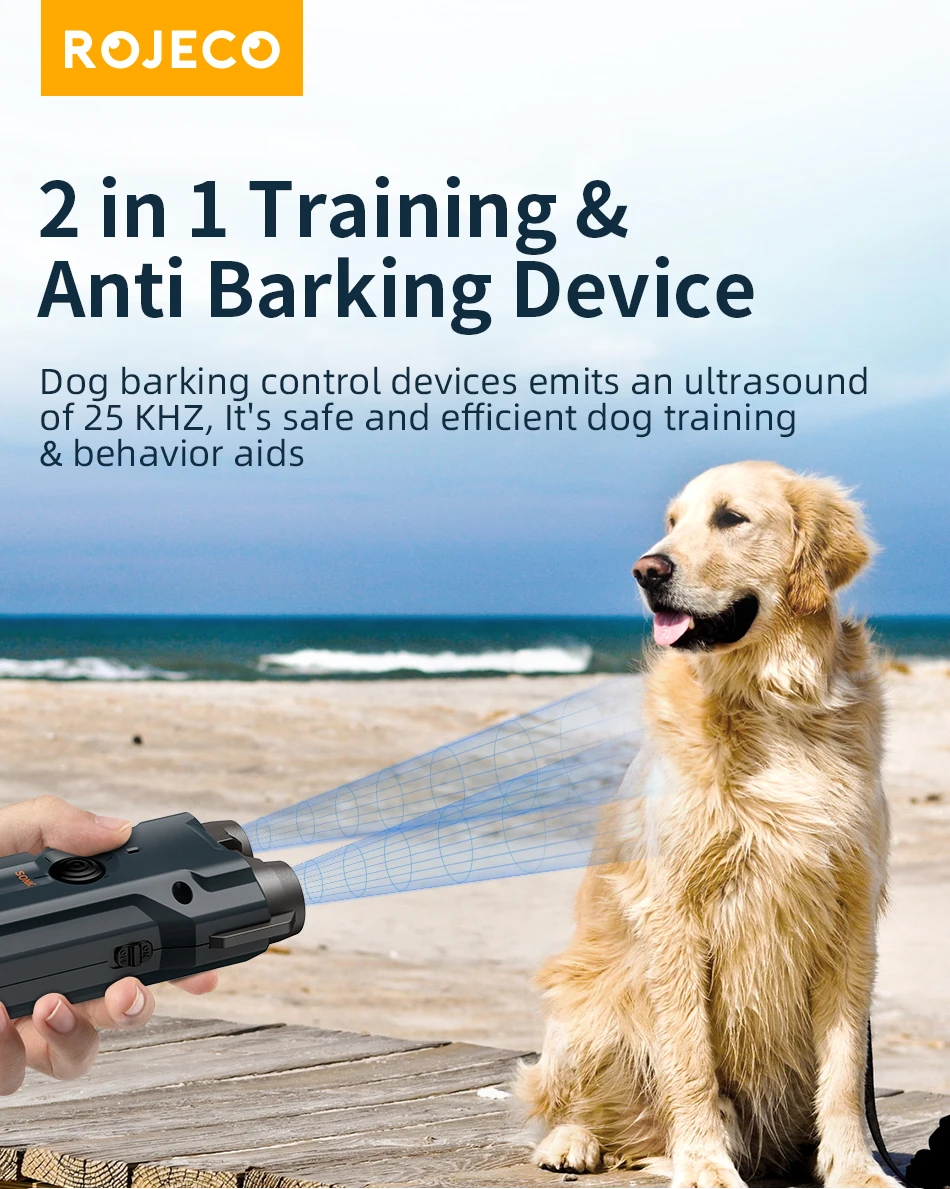ROJECO Dog Repeller Ultrasonic Dog Alarm Anti Barking Deterrent Device Rechargeable High Power Dogs Repeller With LED Flashlight