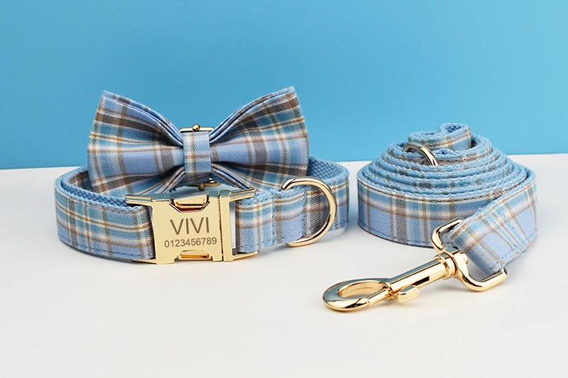 Plaid Dog Collar And Leash Set For Dogs Custom Engraved Nameplate Pet Supplies Dog Leash Grid 16