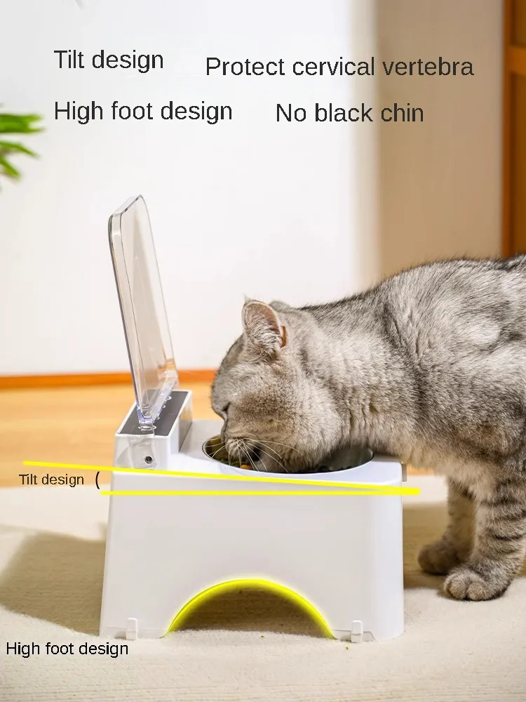 Smart Cat Bowl, Neck Protection, Ceramic Stainless Steel with Lid Cat Food Bowl, Infrared Sensor Auto Open Cover Smart Feeder