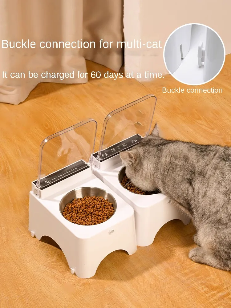 Smart Cat Bowl, Neck Protection, Ceramic Stainless Steel with Lid Cat Food Bowl, Infrared Sensor Auto Open Cover Smart Feeder