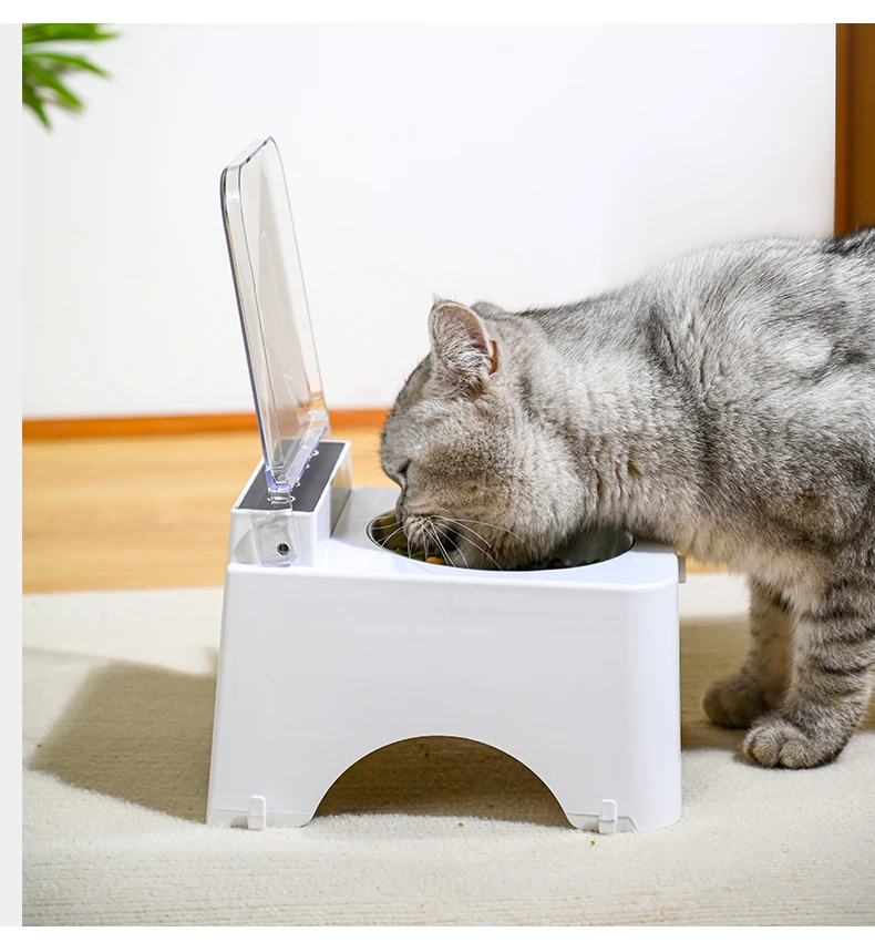 Smart Cat Bowl, Neck Protection, Ceramic Stainless Steel with Lid Cat Food Bowl, Infrared Sensor Auto Open Cover Smart Feeder
