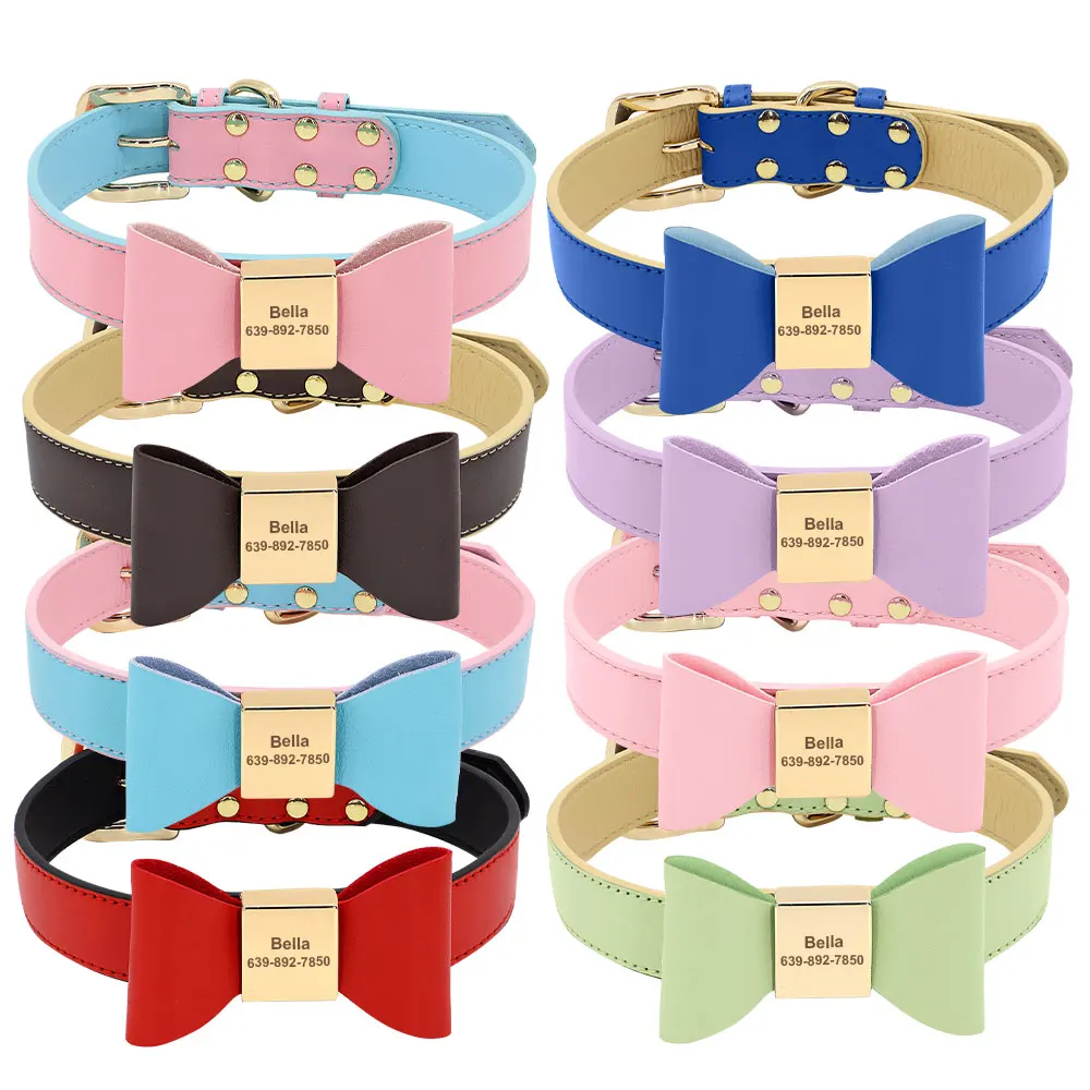 Personalized Dog Name Collar Soft PU Leather Puppy Cat Bowknot Necklace Anti-lost ID Collars for Small Medium Large Dogs Cats
