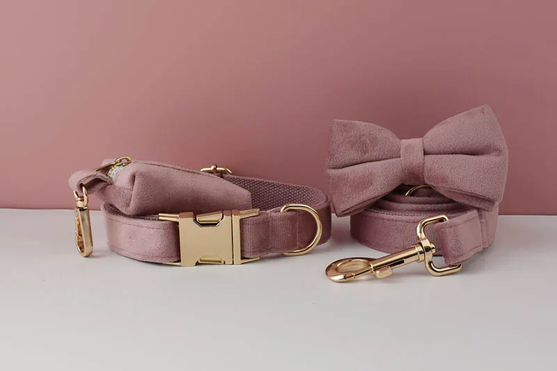 Light Purple Velvet Dog Collar And Leash Set For Dogs Custom Engraved Nameplate Pet Supplies Dog Leash Velvet05