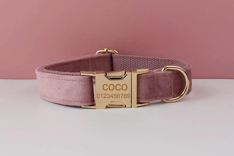 Light Purple Velvet Dog Collar And Leash Set For Dogs Custom Engraved Nameplate Pet Supplies Dog Leash Velvet05