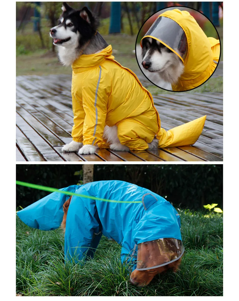 Dog Raincoat for Large Dogs Fully-Covered Hooded Waterproof Dog Rain Jacket with Removable Tail Cover Pet Clothes Husky Samoyed