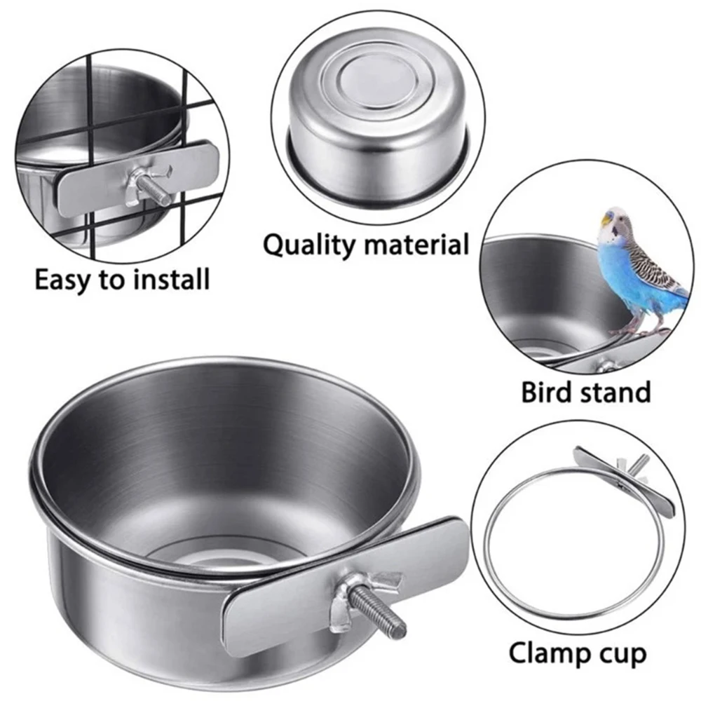 Rabbit Hamster Pet Food Dish Stainless Steel Clamp-on Water Drinker Bird Feeder Parrot Feeding Bowl Cage Cup Hanging Bowl