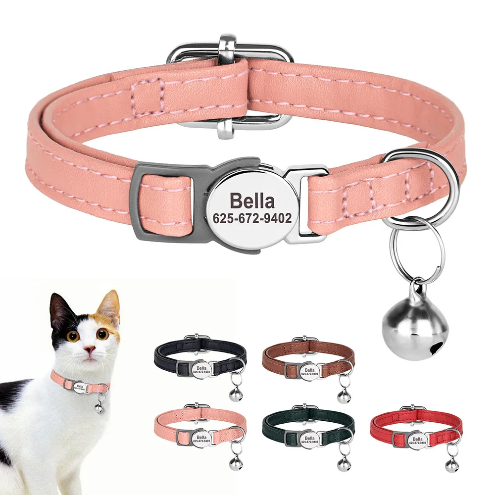 PU Leather Personalized Cat Collar Quick-Release Cats Collars Necklace Free Engraved Pet ID Name Collars Adjustable for Cats