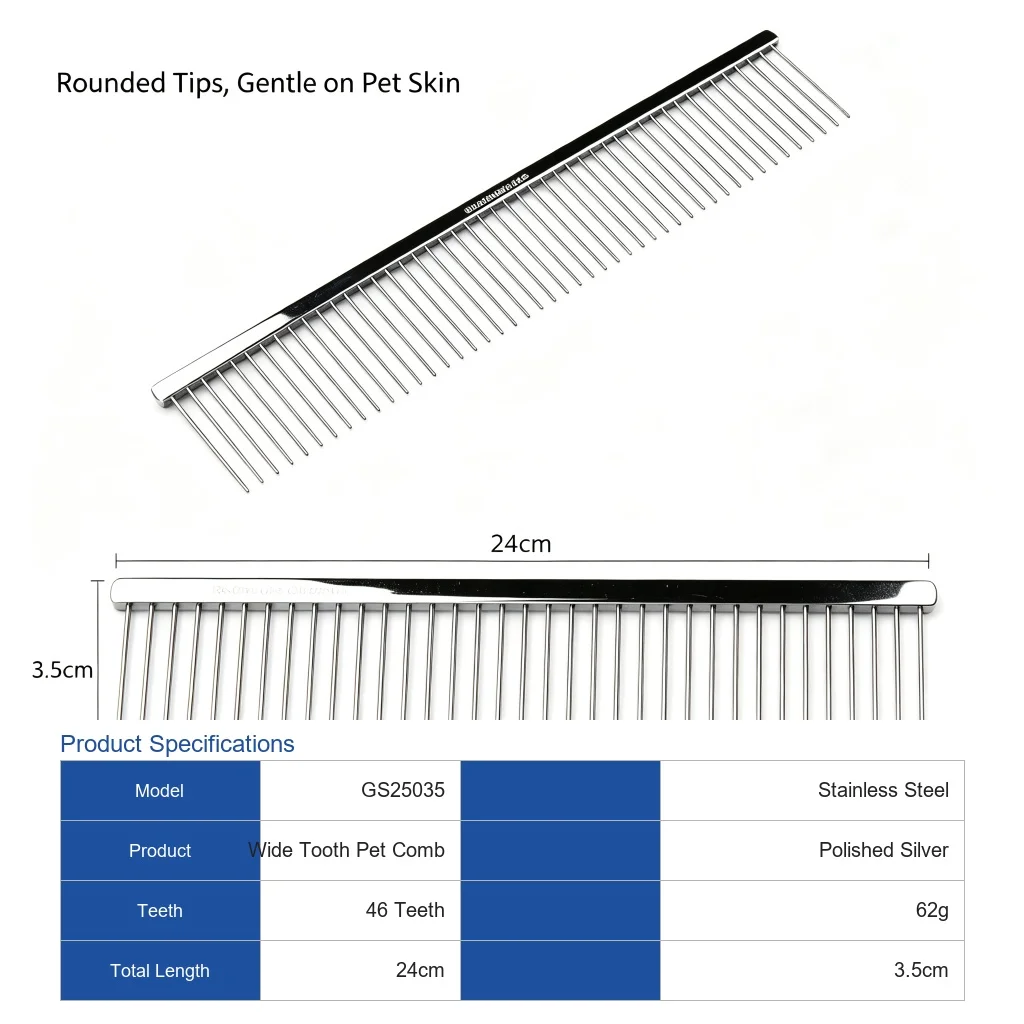 BRAVURA Groom Professional Wide Tooth Pet Comb 46 Teeth Stainless Steel 24cm Dog Cat Grooming Tool for Detangling Fluffing Deshe