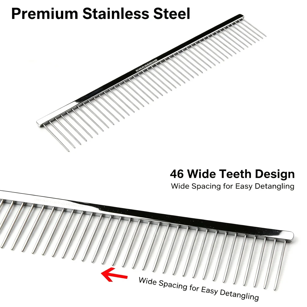 BRAVURA Groom Professional Wide Tooth Pet Comb 46 Teeth Stainless Steel 24cm Dog Cat Grooming Tool for Detangling Fluffing Deshe