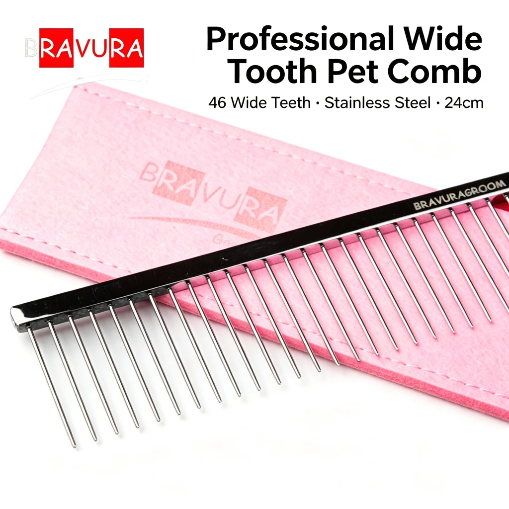 BRAVURA Groom Professional Wide Tooth Pet Comb 46 Teeth Stainless Steel 24cm Dog Cat Grooming Tool for Detangling Fluffing Deshe