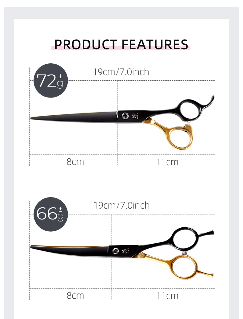Fenice Professional Black and Gold Two-Color Pet Dogs Grooming Scissors Set for Small Dogs Straight Curved Thinning Shears