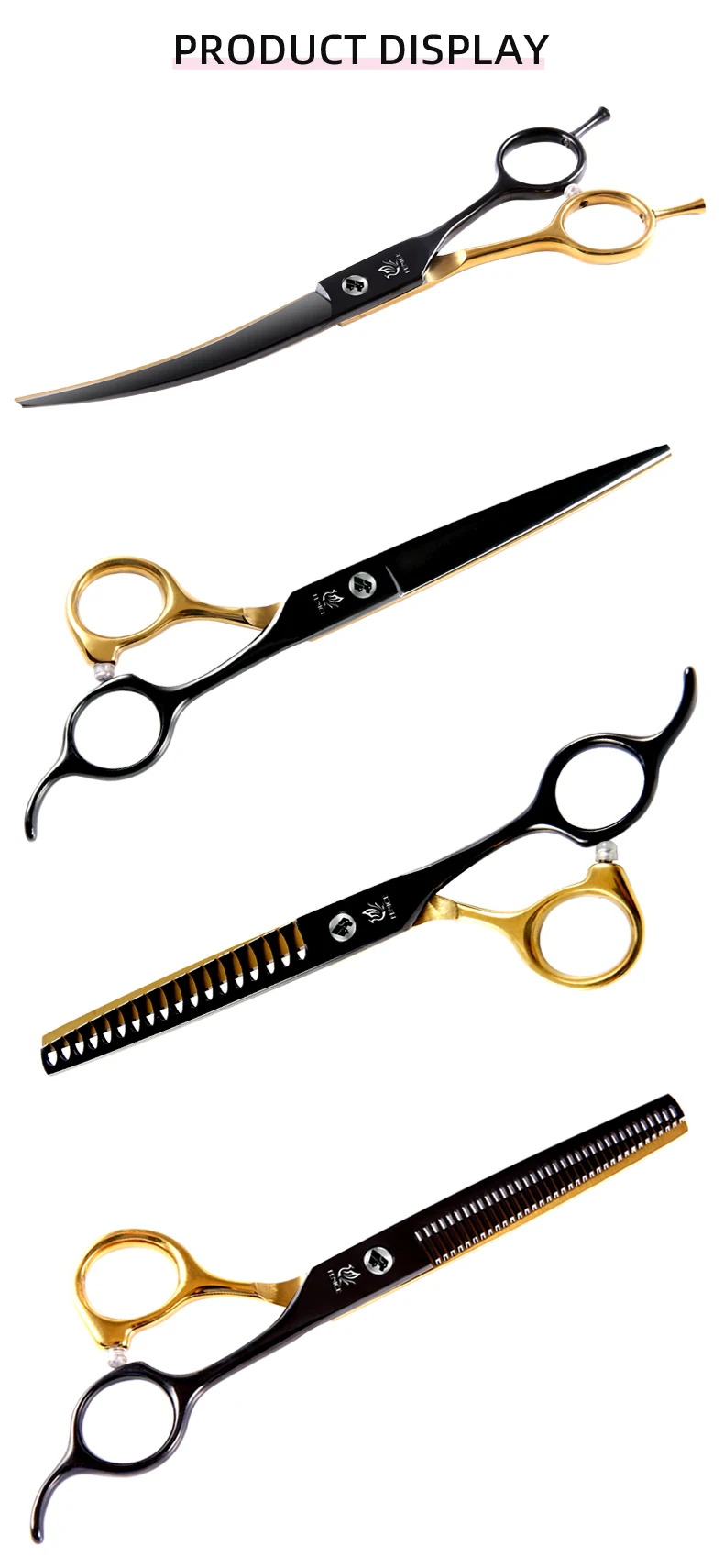 Fenice Professional Black and Gold Two-Color Pet Dogs Grooming Scissors Set for Small Dogs Straight Curved Thinning Shears