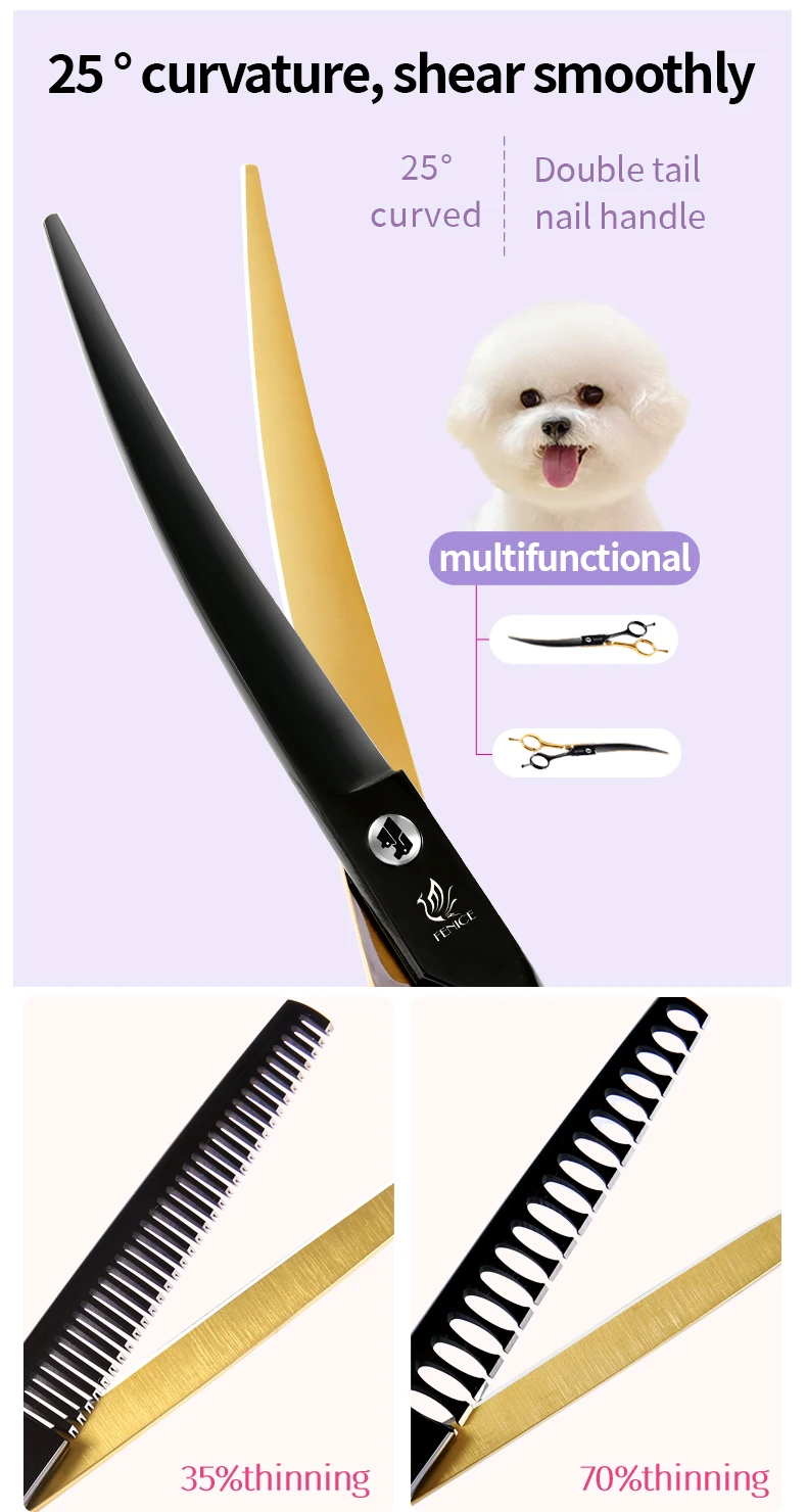Fenice Professional Black and Gold Two-Color Pet Dogs Grooming Scissors Set for Small Dogs Straight Curved Thinning Shears